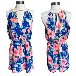 Peppermint Blue Pink Floral Sleeveless Keyhole Neck Cutout Back Summer Dress L